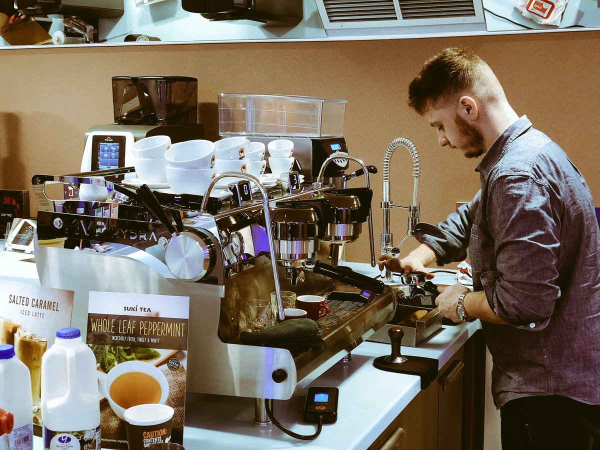 _BaristaAcademy's tweet photo. George Chatzianastasiou(try to pronounce that) practising for UKBC 2018 Glasgow heat for sat. Thanks to Matthew Algie allowing us to use their training room 👍 #welovethisbusiness #beanlearning https://t.co/PwAeTY0pFx