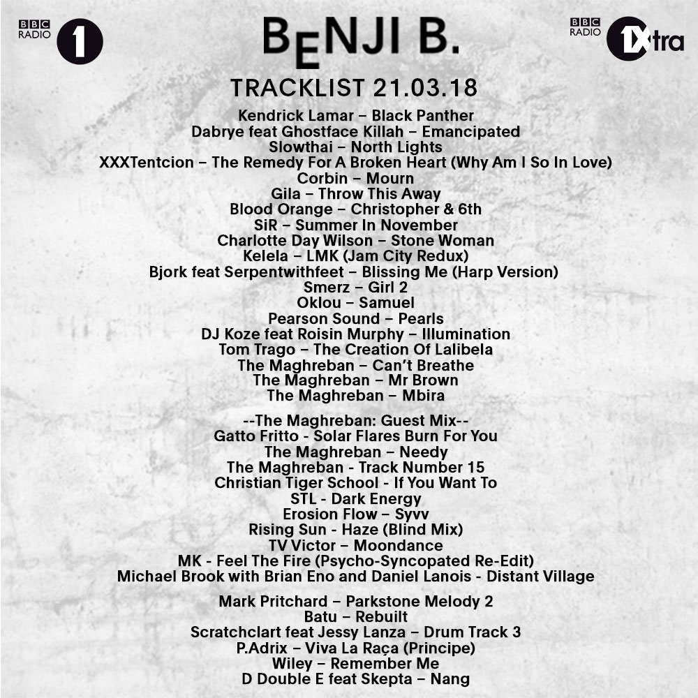 Benji B (@therealbenjib) on Twitter photo Last night's show with a guestmix from <a href="/MAGHREBAN/">THE MAGHREBAN</a> > bbc.co.uk/programmes/b09… <a href="/bjork/">björk</a> <a href="/serpentwithfeet/">serpent</a> <a href="/smerz/">Stacey Merz</a> <a href="/Loumar93/">puta xxx.</a> <a href="/pearsonsound/">Pearson Sound</a> @djkoze <a href="/RosinMurphy/">Róisín Murphy Architect 🐝 🎥👍🏽</a> <a href="/TomTrago/">Tom Trago</a> <a href="/CHRSTN_TGR_SCHL/">ChristianTigerSchool</a> <a href="/dabrye/">DABRYE</a> <a href="/Brian_Eno/">C. S. J. Bofop</a> <a href="/daniellanois/">Daniel Lanois</a> <a href="/markprtchrd/">Mark Pritchard</a> <a href="/batu_uk/">Batu</a> <a href="/ScratchaDVA/">Scratchclart</a> <a href="/WileyUpdates/">IglooCeo</a> <a href="/DDoubleE7/">D Double E</a> <a href="/Skepta/">Big Smoke -</a> Last night's show with a guestmix from <a href="/MAGHREBAN/">THE MAGHREBAN</a> > bbc.co.uk/programmes/b09… <a href="/bjork/">björk</a> <a href="/serpentwithfeet/">serpent</a> <a href="/smerz/">Stacey Merz</a> <a href="/Loumar93/">puta xxx.</a> <a href="/pearsonsound/">Pearson Sound</a> @djkoze <a href="/RosinMurphy/">Róisín Murphy Architect 🐝 🎥👍🏽</a> <a href="/TomTrago/">Tom Trago</a> <a href="/CHRSTN_TGR_SCHL/">ChristianTigerSchool</a> <a href="/dabrye/">DABRYE</a> <a href="/Brian_Eno/">C. S. J. Bofop</a> <a href="/daniellanois/">Daniel Lanois</a> <a href="/markprtchrd/">Mark Pritchard</a> <a href="/batu_uk/">Batu</a> <a href="/ScratchaDVA/">Scratchclart</a> <a href="/WileyUpdates/">IglooCeo</a> <a href="/DDoubleE7/">D Double E</a> <a href="/Skepta/">Big Smoke -</a>