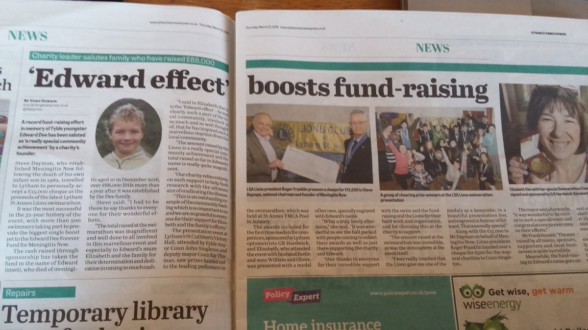 edwarddeefund's tweet photo. Lovely report in the @lsaexpress this week on the  @LythamLions Swimarathon 2018 presentation 
#Swimarathon2018 #forEdward @MeningitisNow https://t.co/AM6sltbKNr