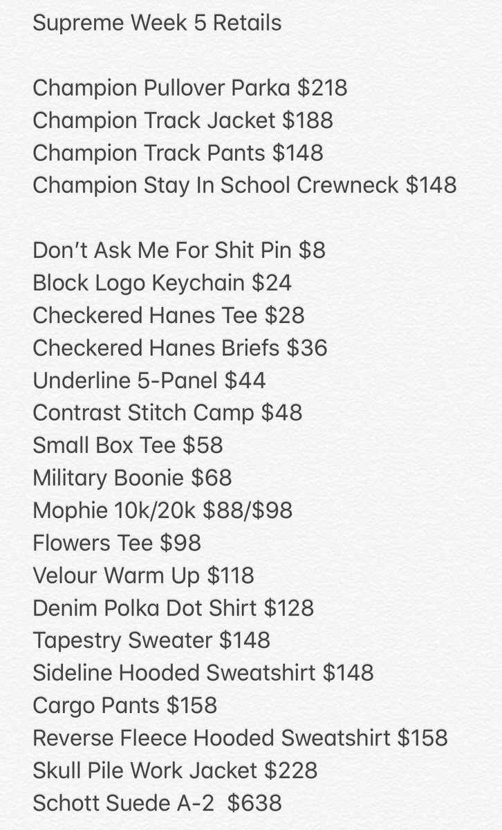 DropsByJay's tweet photo. UPDATED Supreme Week 5 
Droplist &amp; Retails

Champion For Supreme
+Lookbook Pieces

No Champ Hoody Or Shorts! 
Added Skull Pile Work Jacket. 

Available March 22nd 
11 Am EST/GMT

👉🏻 https://t.co/kP8wlLTT3K 👈🏻 https://t.co/RcTprV9yYT