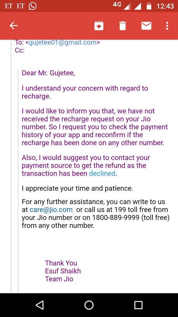 NGujetee's tweet photo. @Paytm @Paytmcare 
I am visited your paytm Mumbai offc but there is no one to attend my complaint
My problem is i did my recharge on Jio of 499rs but from Jio the transaction has declined but from my account balance got deducted
My transaction ID is 16416787978
 Mbl no.8082499949 https://t.co/Bf2iuj05sx