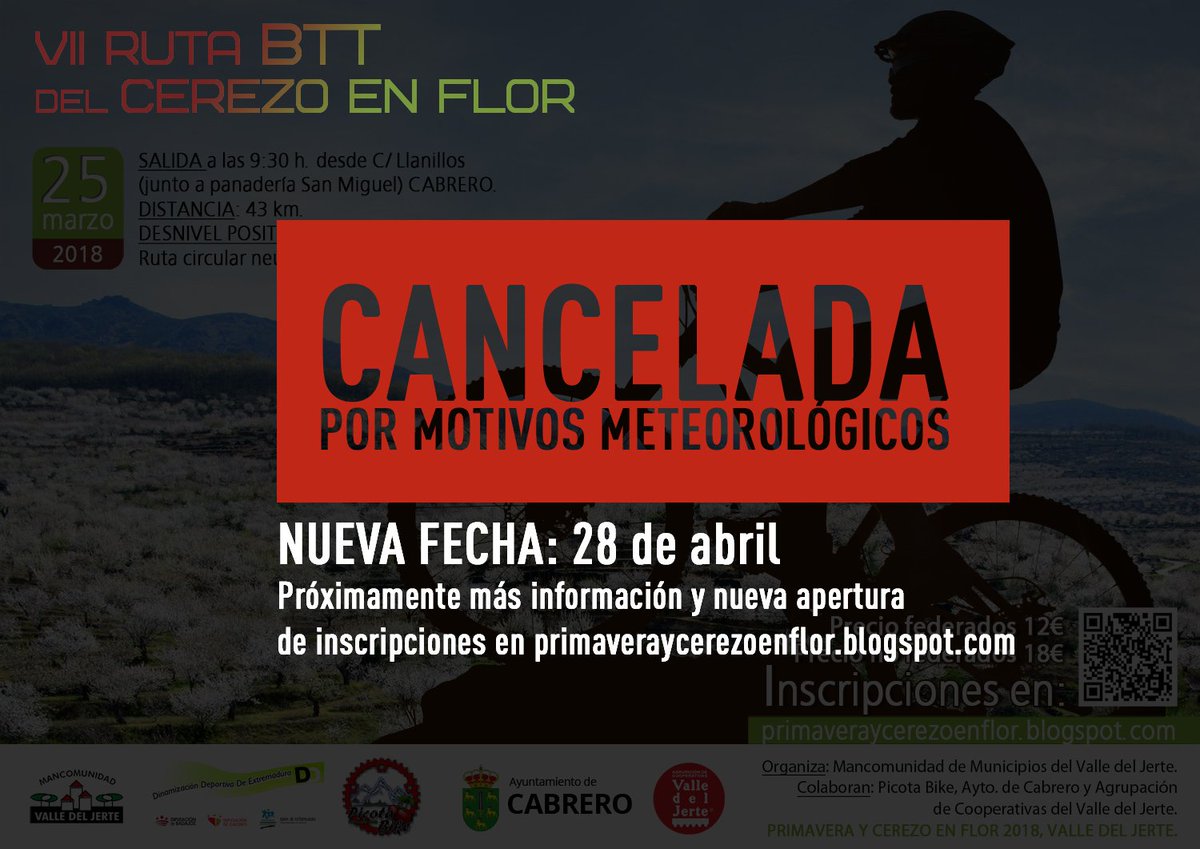 CANCELADA por motivos meteorológicos la VII RUTA BTT DEL CEREZO EN FLOR prevista para el 25 de marzo. NUEVA FECHA: 28 DE MARZO. 
Próximamente más información y nueva apertura de inscripciones en: primaveraycerezoenflor.blogspot.com