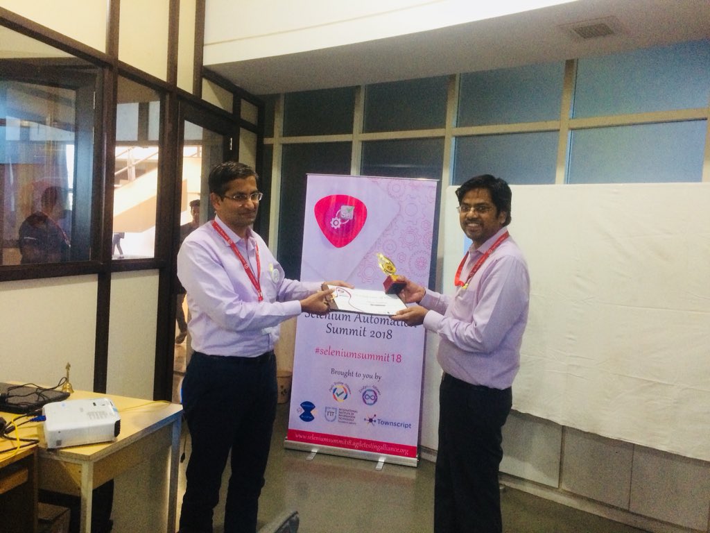 rajputabhay017's tweet photo. @appajisk felicitated by @SachinKinare 
Great session 
@AgileTA @Kanchan21988 
#Seleniumsummit18 https://t.co/6LZbPpGXpv