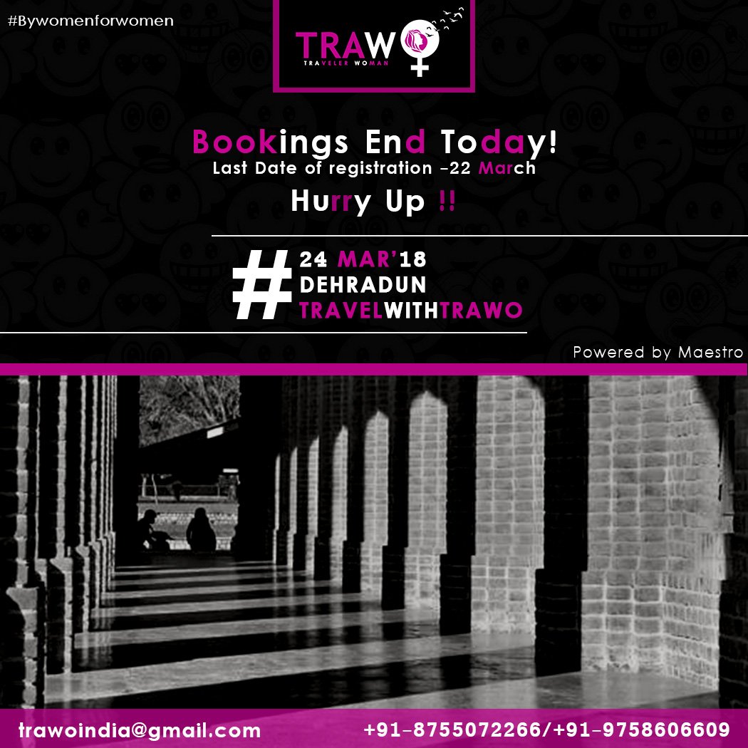 Trawoindia's tweet photo. Bookings open till 12pm today!
Hurry up and register fast to experience this one day entertainment filled trip!

#Trawo #TrawoIndia #TravelwithTrawo #Uttarakhand #India #Dehradun #Startup #TravelStartup #Women #WomenTravel #FirstTour #Uttarakhandtourism #Onedaytrip https://t.co/SbYmdSZiYw