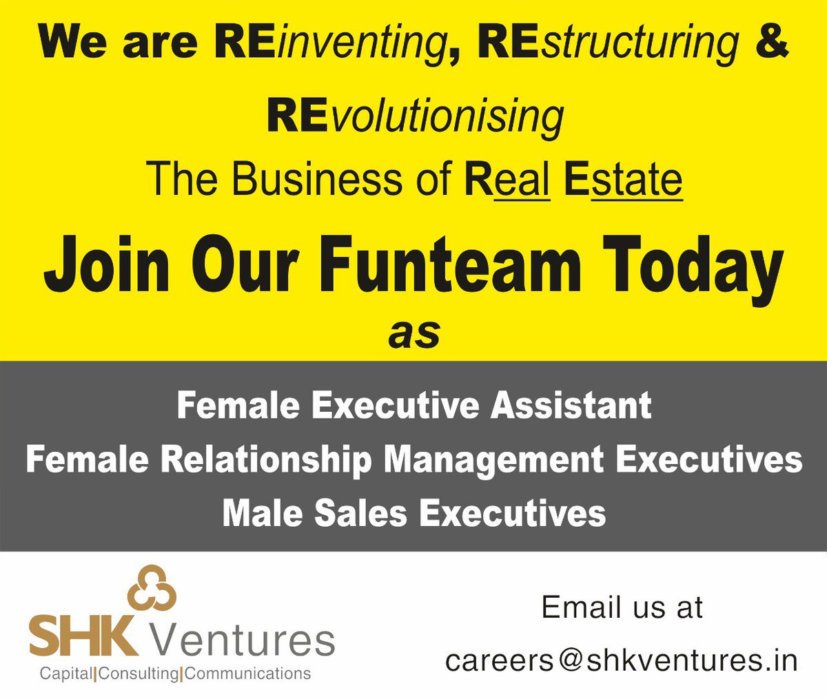 SHK_Ventures's tweet photo. Come join our #FunTeam TODAY!

Please mail your CV with profile picture on careers@shkventures.in 

You can speak with Namita on 8356861887 OR Sandeep on 9702244778 to know about the growth opportunities offered at #SHKVentures. https://t.co/umVvX9UJYQ
