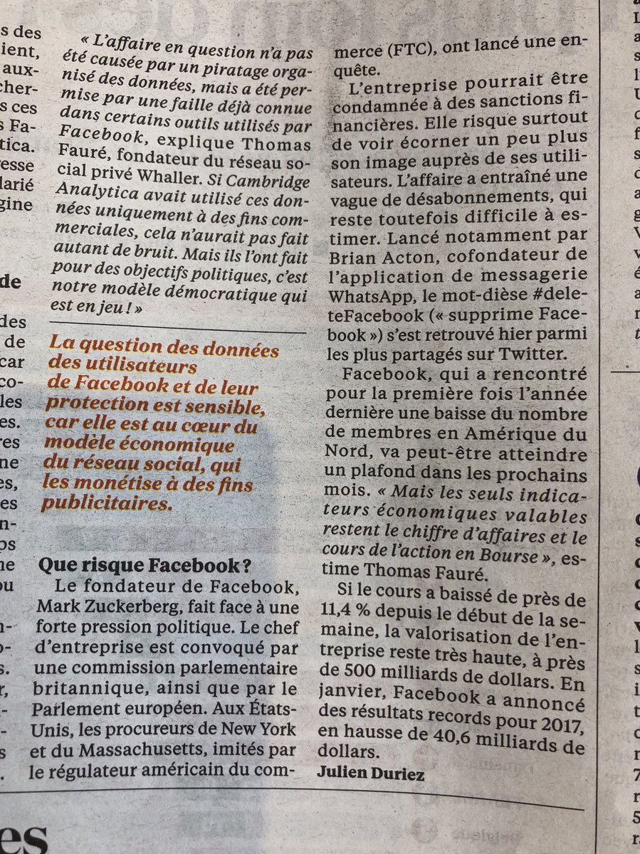 faure_t's tweet photo. L’affaire #CambridgeAnalytica n’a pas été causée par un piratage .. @LaCroix publie un très bon article ce matin ;-) cc @whaller_fr https://t.co/agrUWbMhFm