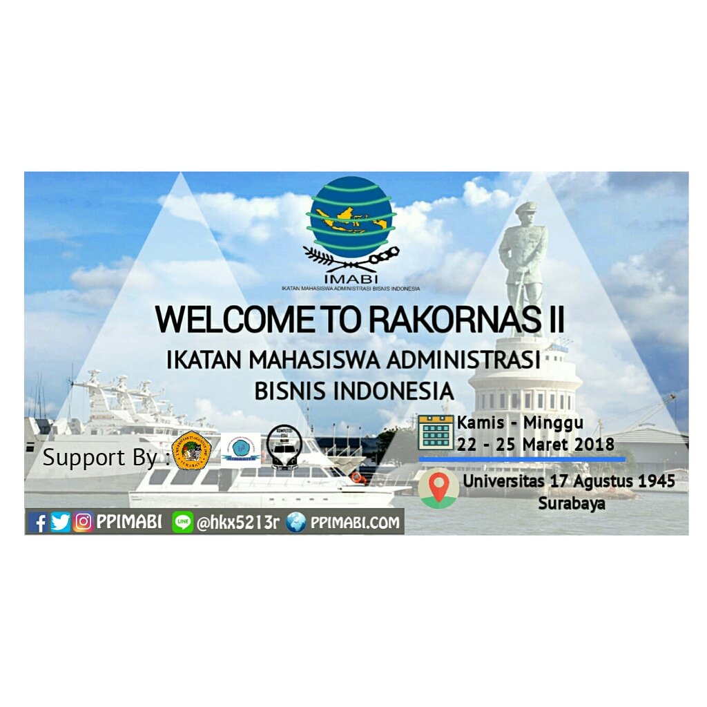 Welcome to rakornas II 
📍Universitas 17 Agustus 1945
📍22 - 25 Maret 2018

Semoga acara Rakornas IMABI ini dapat berjalan dengan lancar dan IMABI menjadi lebih baik lagi