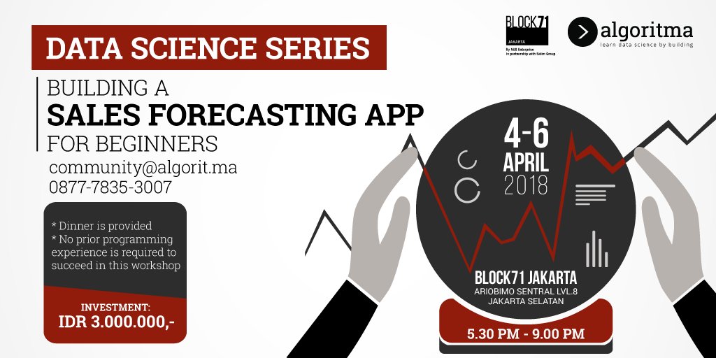 teamalgoritma's tweet image. Our next Data Science series is coming this April 4-6, 2018 from 5.30-9pm at BLOCK71 Jakarta! Learn about time series forecasting and how to create your own shiny apps using R. Click here for more info: goo.gl/eoJdVn
#salesforecasting #datascience #datascienceid