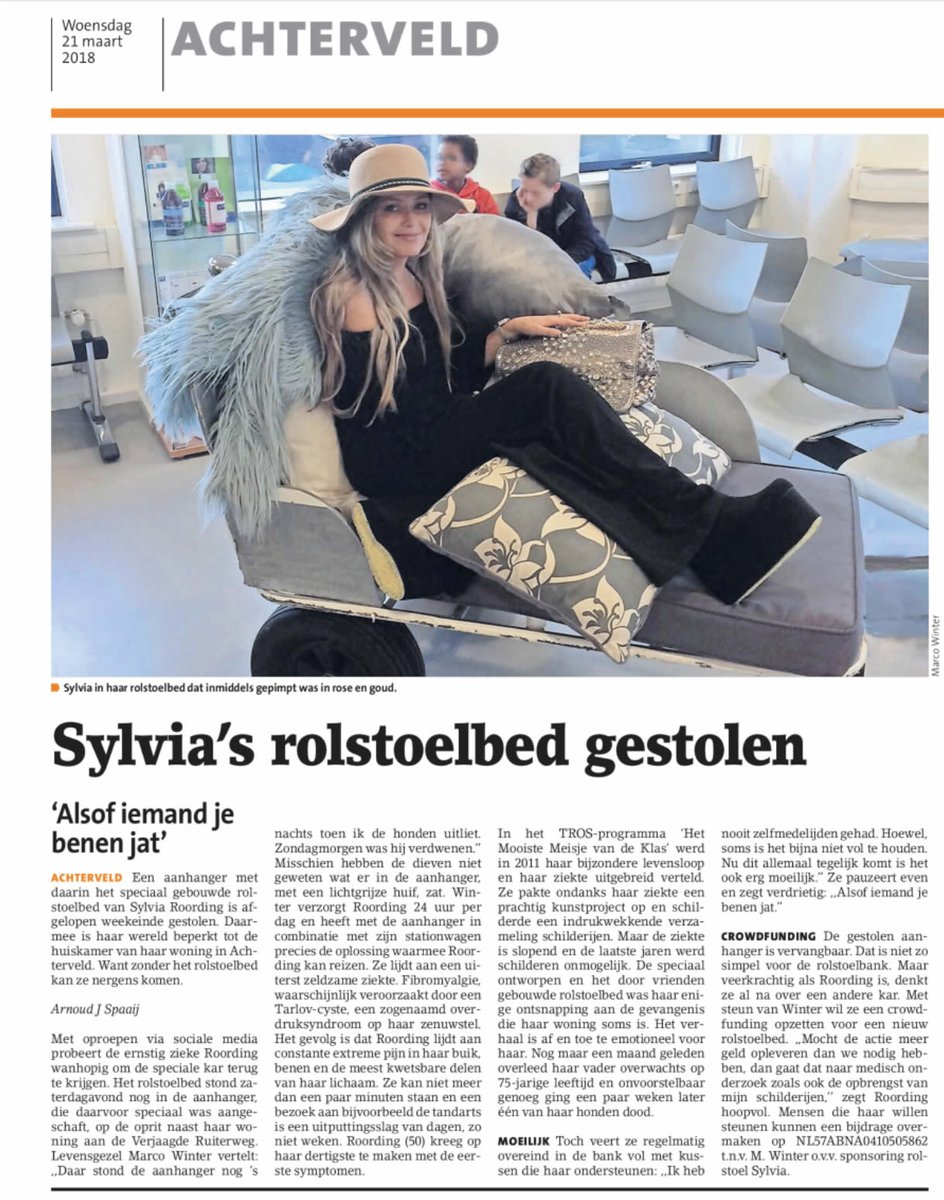 Ze kan geen kant meer op. <a href="/sylvieart/">Sylvia Roording</a> haar rolstoelbank is #gestolen. Plz retweet wellicht lukt het om de daders te laten begrijpen dat ze de boel gewoon 's nachts weer terug moeten zetten. <a href="/achterveldnet/">Achterveld</a>