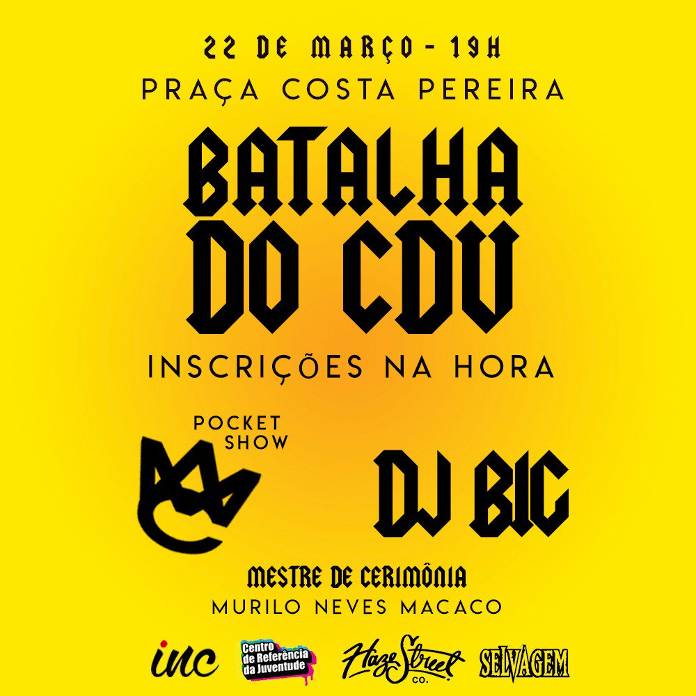 mangue027's tweet photo. De volta! Hoje, 22, às 19 horas, tem o retorno das atividades da Batalha do CDV. Os confrontos acontecerão na Praça Costa Pereira, no Centro de Vitória (ES). Vai rolar uma apresentação @MACCREW027 e muito som com o @DJBIG_CDV  (Incita Records). Cola pra ver! https://t.co/92chdxOR73