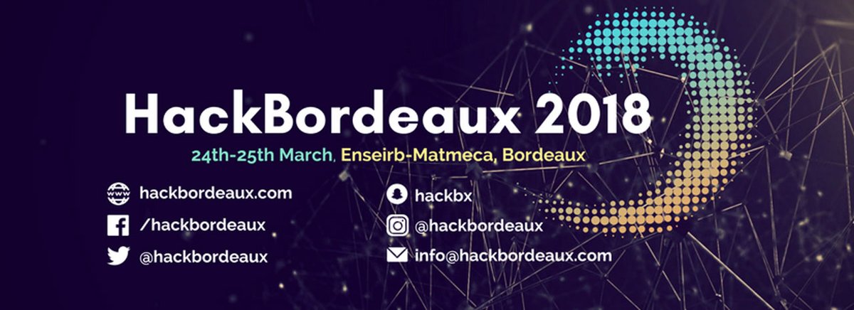 Hackable Magazine (@hackablemag) on Twitter photo Hackable est partenaire de la 2ème édition du hackathon <a href="/hackbordeaux/">HackBordeaux</a>, organisé par des élèves <a href="/ENSEIRBMATMECA/">ENSEIRB-MATMECA</a>, le week-end du 24 et 25 mars 2018. Bonnes chances à tous les étudiants pour les challenges ! #hackbdx18
Les infos sur l'événement sont sur hackbordeaux.com Hackable est partenaire de la 2ème édition du hackathon <a href="/hackbordeaux/">HackBordeaux</a>, organisé par des élèves <a href="/ENSEIRBMATMECA/">ENSEIRB-MATMECA</a>, le week-end du 24 et 25 mars 2018. Bonnes chances à tous les étudiants pour les challenges ! #hackbdx18
Les infos sur l'événement sont sur hackbordeaux.com