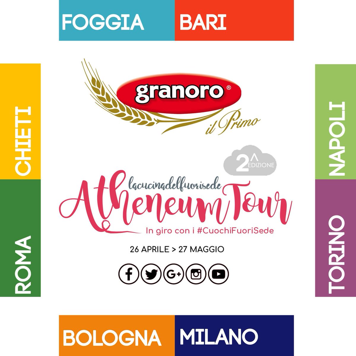Che soddisfazione! E' ufficiale. E' confermata la 2^Edizione dell' #AtheneumTour- In giro con i #CuochiFuoriSede. 
Dal 26 aprile al 27 maggio saremo in 8 città universitarie con tante sorprese. Grazie a <a href="/Granoro/">Granoro</a>, unico e main sponsor, per aver creduto in noi. 
Restate connessi ❤