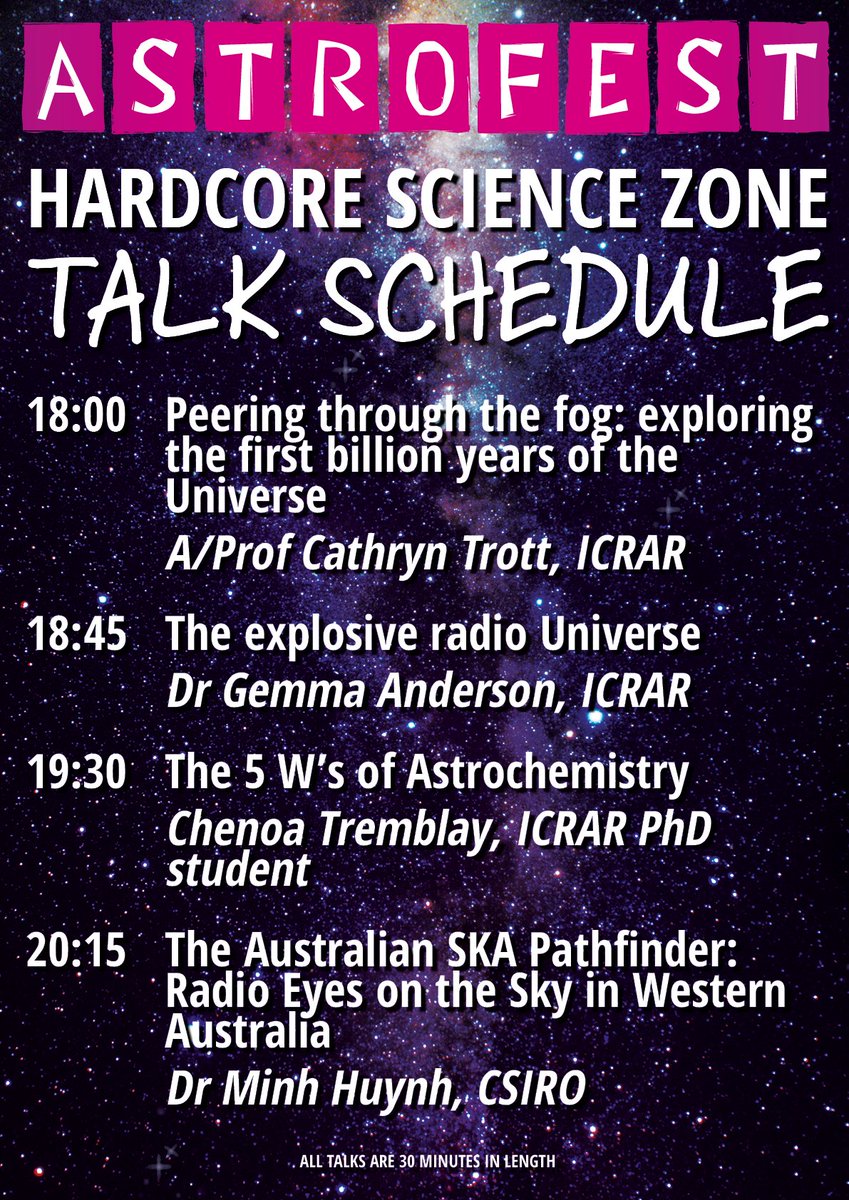 ICRAR's tweet photo. After it's success last year, we have brought back the #HardcoreScience zone for #Astrofest. Strap in for 4x 30 minute talks by A/Prof Cathryn Trott, Dr Gemma Anderson, Chenoa Tremblay, and #CSIRO's Dr Minh Huynh. 

Check the Astrofest schedule here: https://t.co/rD7q48ES1R https://t.co/qDc3FmtSsE
