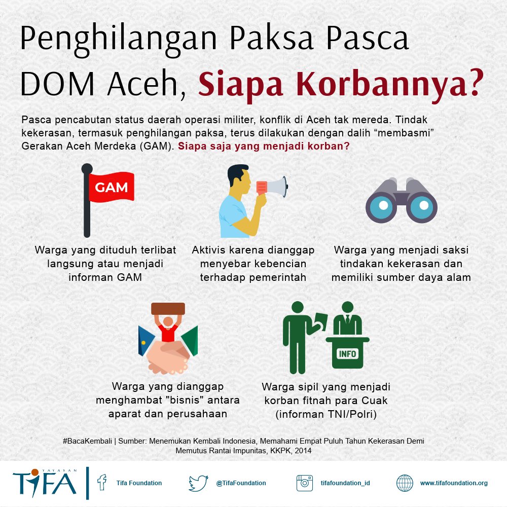 TifaFoundation's tweet photo. KKPK menyebutkan setidaknya ada lima kelompok warga yang kerap menjadi korban penghilangan paksa oleh aparat pasca DOM Aceh. Siapa saja mereka? Simak infografis #TifaFoundation berikut. #BacaKembali #DOMAceh (4) https://t.co/O9NqG3SEdS