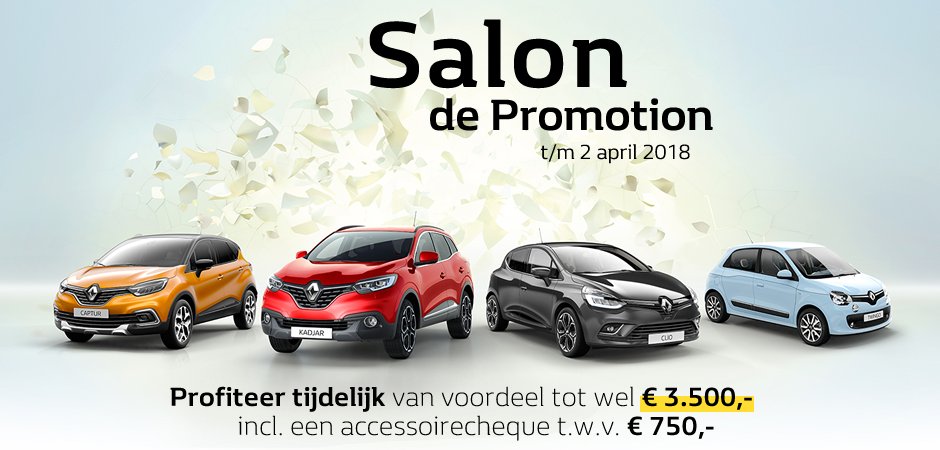 Tijdens Salon de Promotion profiteert u tijdelijk van voordeel tot wel € 3.500,- incl. een accessoirecheque ter waarde van €750,-. De actie loopt tot en met 2e Paasdag. Beslis daarom snel en kom naar één van de Terwolde showrooms. Bekijk de acties op: terwolderenault.nl/renault/acties…