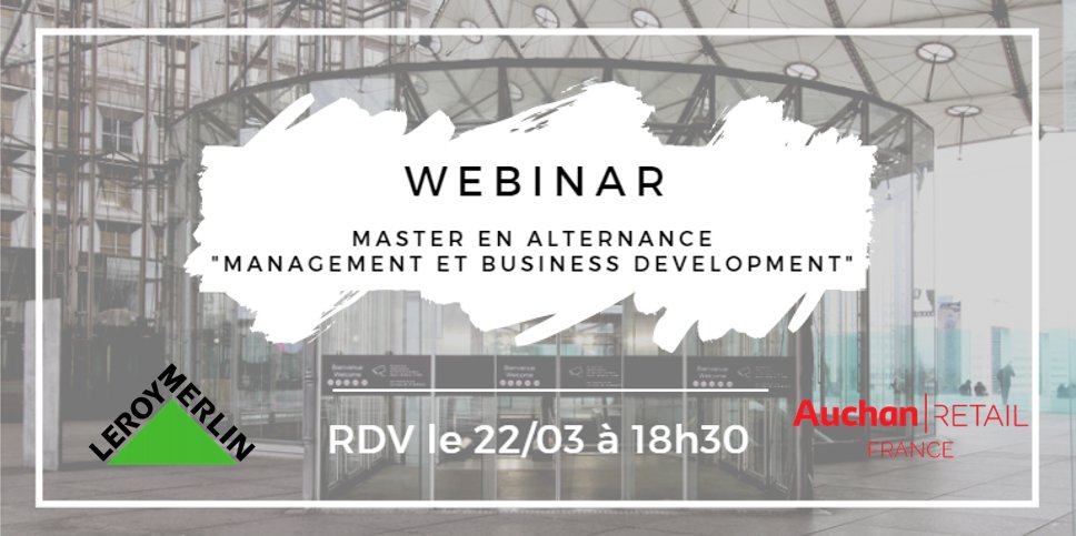IESEG's tweet photo. Rdv à 18H30, pour notre #Webinar sur le #Master en alternance, filière « #Management et #BusinessDevelopment », en partenariat avec #Auchan Retail France et #LeroyMerlin https://t.co/j9TygFxVKw #IESEG #VisitIESEG https://t.co/O7iYbJHE5f