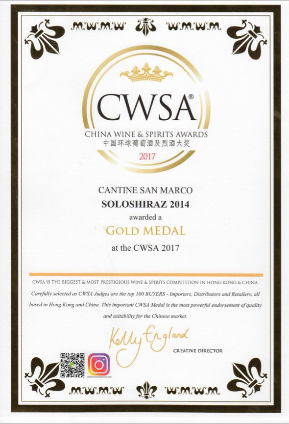 cantinesanmarco's tweet photo. Con estrema gioia abbiamo il piacere di condividere con voi i premi 2017.
#SoloShiraz 
@GGWineGuide: medaglia d'oro 
CWSA - China Wine and Spirits Awards: megaglia d'oro
#wine #redwine #winelover #Vinipremiati #VinidItalia #foodlover #instagood #cool #follow4follow #food https://t.co/nC6uffSXwp