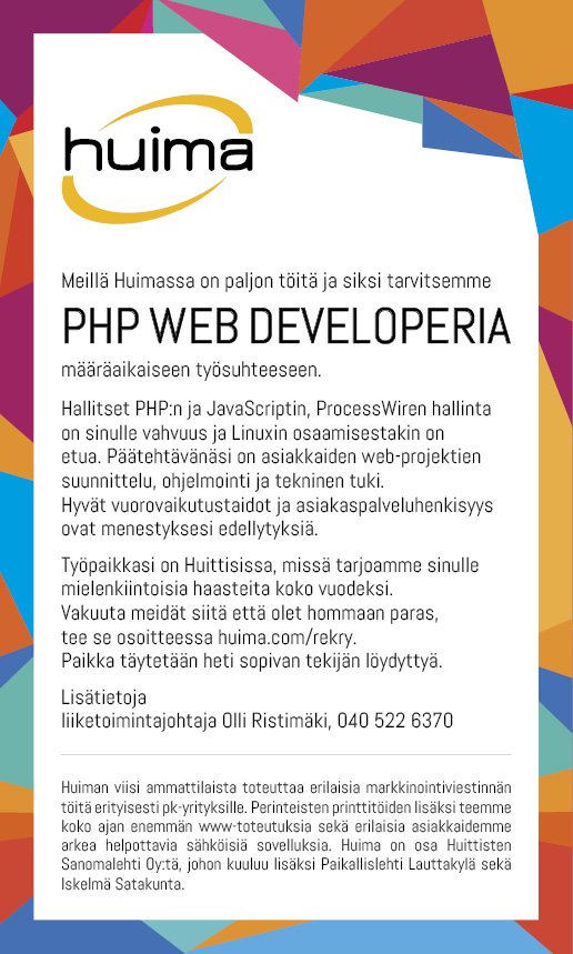 Lauttakyla's tweet image. #phpwebdeveloper, nyt on osaajalle töitä! #mainostoimisto #Huima on #Lauttakylä-lehden tapaan osa #Huittistensanomalehti oy:tä.
#webprojektit #ohjelmointi #tekninentuki #Huittinen