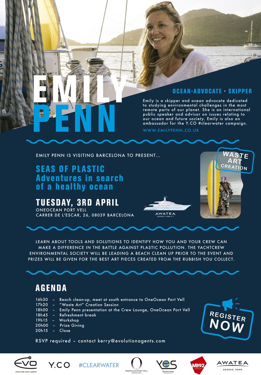 Calling all #oceanlovers!  Evolution is proud to be collaborating with M/Y AWATEA and other members of the BCN #yachting community on 3rd April to discuss  #plasticpollution led by TED speaker and ocean advocate <a href="/emilypenn/">Emily Penn</a> 
<a href="/YCOyacht/">Y.CO</a> <a href="/YCO_Clearwater/">Clearwater by Y.CO</a> @OneOceanPortVel #evoworld