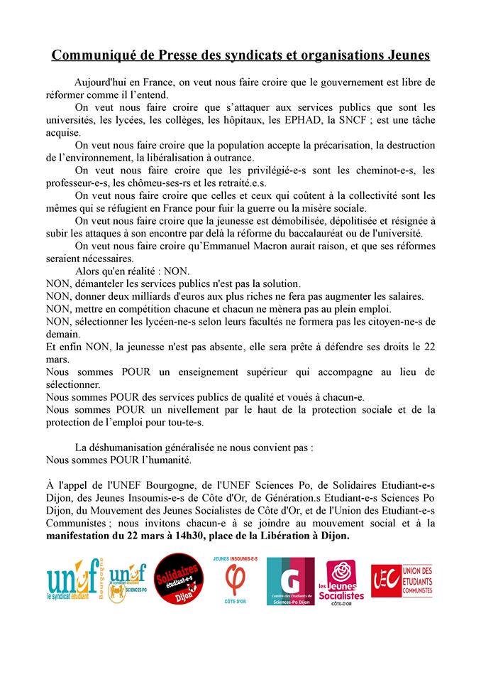 Communiqué de Presse des syndicats et organisations Jeunes. Rendez-vous Place de la Libération à 14h30
@UGED_Solidaires @unefsciencespo @mjs_cotedor @_MJCF @JLM2017_21 @Mvt1717SCPODij