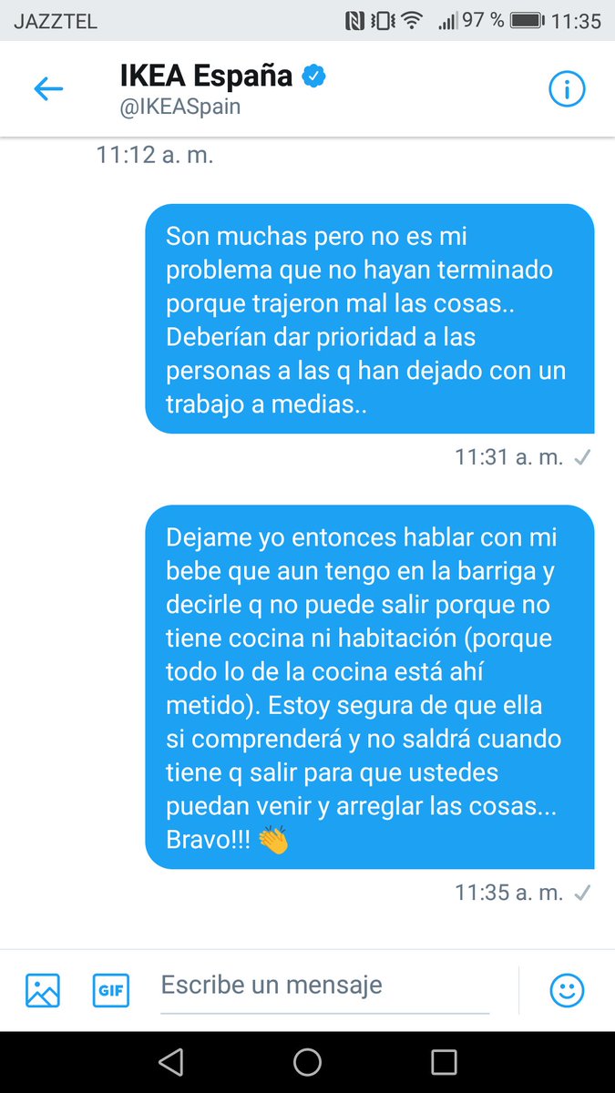 Amena  conversación con <a href="/IKEASpain/">IKEA España</a>, son tan considerados... Mejor le digo yo a mi bebe q no salga aun para poder darles tiempo a ellos, será más fácil #elpeorservicio
