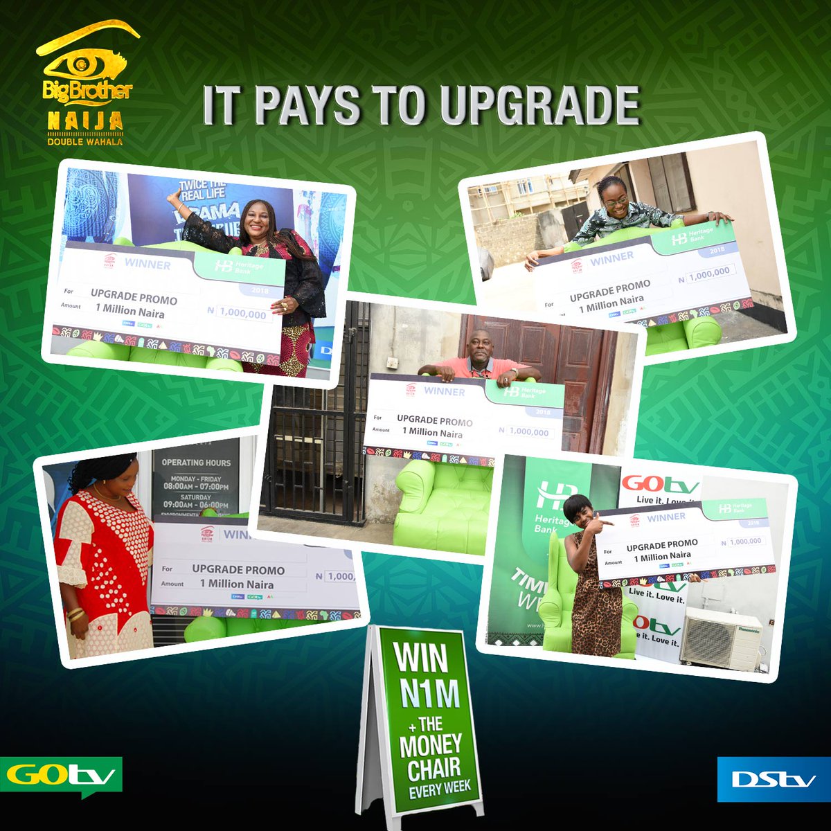 DStvNg's tweet photo. Join the winners circle! Stand a chance to win a #HOHChair & 1 Million Naira by upgrading to #Premium or #Compact & pay for two months upfront. Winners will be announced during the Live Show every week. #BBDoubleWahala #ItPaysToUpgrade #BBUpgradePromo https://t.co/nZFNDwlcQ0