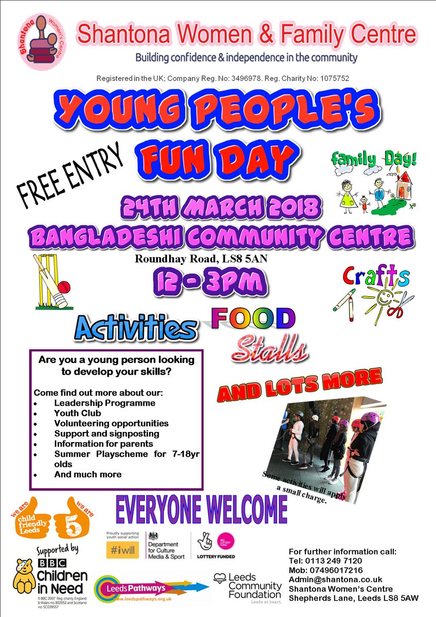 Only 2 Days left for Shantona young people fun day come join us  Saturday 24th March 12pm-3pm. All welcome #family #youngpeople #activities #stalls #fun #GiveloveLeeds #iwill @LeedsCommFound @biglottery @BBCCiN @DCMS @iwill_campaign