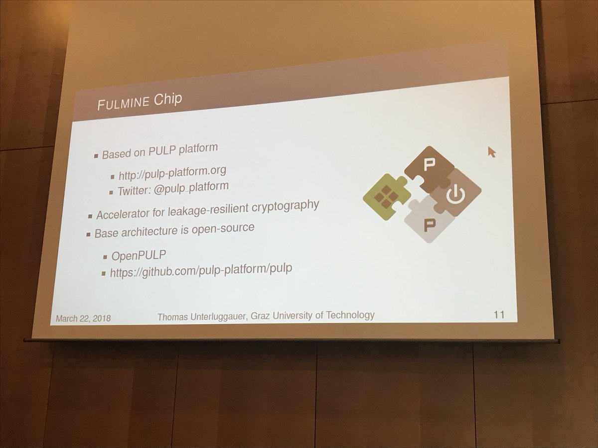 Razer6's tweet image. Leakage Resilient Crypto Features of Fulmine being presented on #DATEConference by @tunterluggauer Again, another #PULP in the wild @pulp_platform