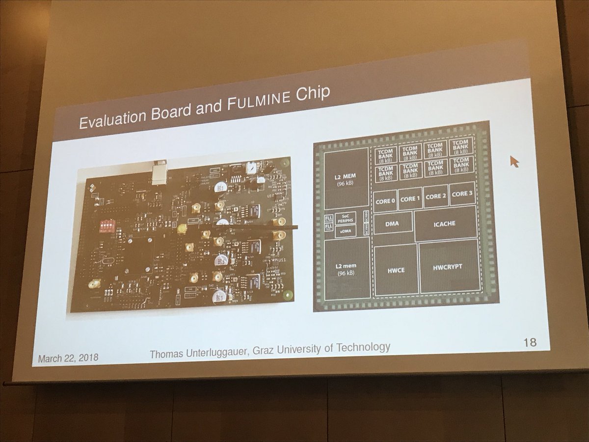 Razer6's tweet image. Leakage Resilient Crypto Features of Fulmine being presented on #DATEConference by @tunterluggauer Again, another #PULP in the wild @pulp_platform