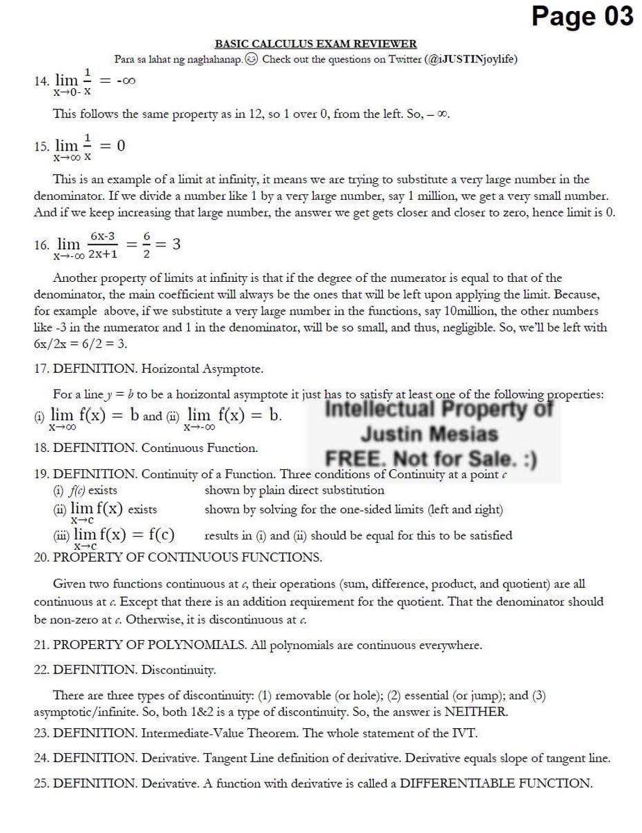 iJUSTINjoylife's tweet image. Answers, solutions and explanations to items 14-25 in the reviewer thread. Happy studying, kids! ❤️ #BasicCalculus