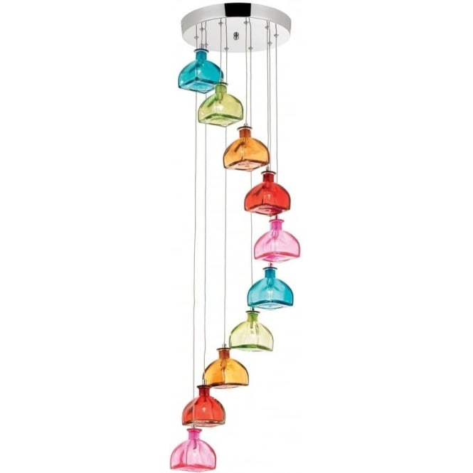 The <a href="/Endon_Lighting/">Endon Lighting</a> Sarandon 10 light pendant features a chrome effect plate from which hangs 5 different coloured glass shades in a spiral at various descending heights. 😍 moonlightdesign.co.uk/interior-light… #spring #decor