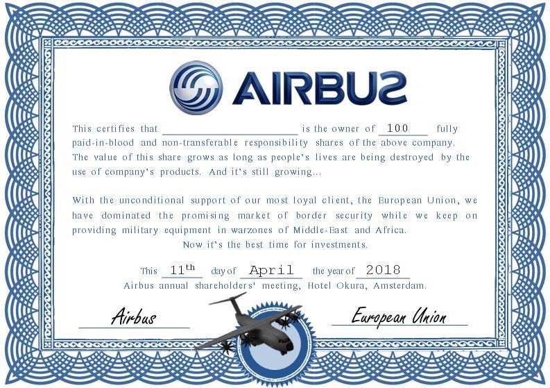 StpWrOnMigrants's tweet photo. Also interested in shares of Airbus? #stopthewaronmigrants Come to the theatrical demonstration and die-in during the shareholders meeting of Airbus APRIL 11, 13 HRS. Okura hotel Amsterdam! Like us on facebook https://t.co/vjWWHPs1bH and share the event! https://t.co/L1jlHsJx02 https://t.co/ifM5MVJaG9