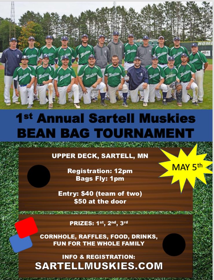 Think you have what it takes to beat me in bean bags? Come out to support your local Muskies, and try to take <a href="/nickgjemse3/">Nick Gjemse</a> and I down!! May 5th, Upper Deck, Sartell!