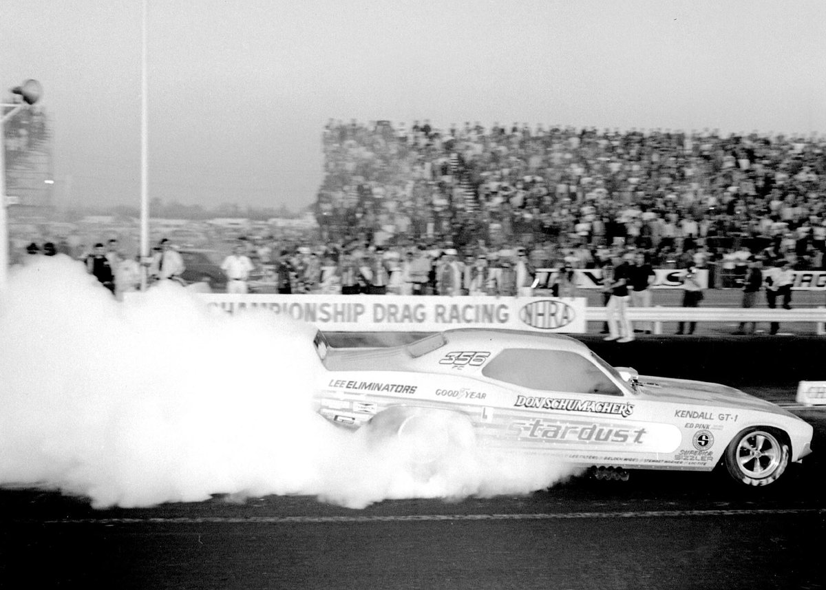 Digging into the archives for #ThrowbackThursday. We love this photo of Don doing a burnout in the Stardust Funny Car in 1973.