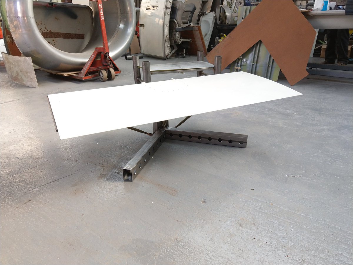 Stu_artaviation's tweet photo. Another new piece available! Airbus A320 spoiler table. Just got to smooth out the welds before the frame goes for it's powdercoat finish. Will have battery powered LED lights in the frame for that extra nice touch. #tableporn #avgeek #aircraftfurniture #bestineurope #brand https://t.co/ZeJ5W6UThk