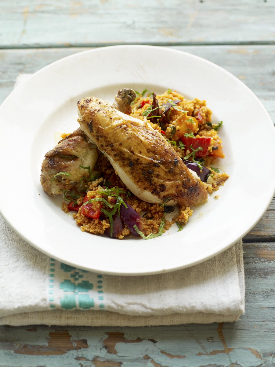 Roast chicken with couscous, loads of veggies, herbs and spices. A