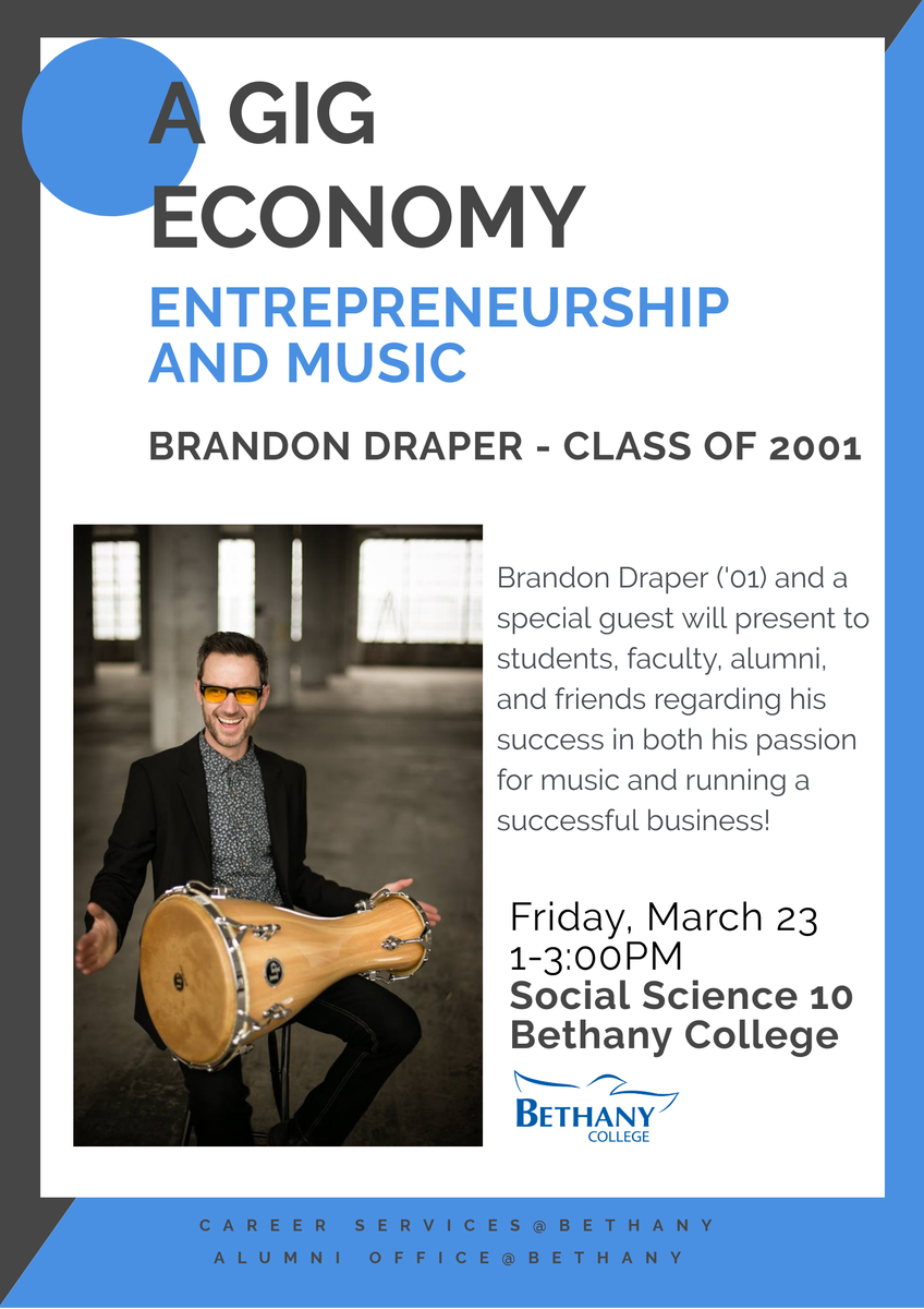 swedesSAO's tweet photo. Stop by SSOC10 tmrw 1-3pm to hear Brandon Draper ('01) discuss #entrepreneurship and #music! Campus and community welcome! @bethanynews https://t.co/GR7XV8zltK