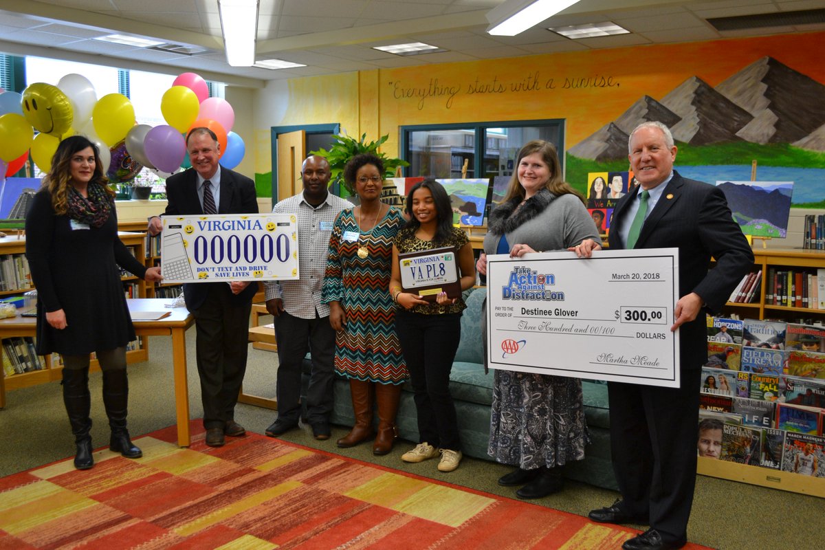 VirginiaDMV's tweet photo. Destinee Glover, a Nelson Co HS student, was honored as one of 8 district finalists in the #VAPL8Contest. Special thanks to @CreighDeeds, Jenna Fulmer, aide to Del. Matt Fariss & Virginia Newton from @AAAMidAtlantic for attending w/ #DMV Commissioner Holcomb. https://t.co/kGJNOEadcF
