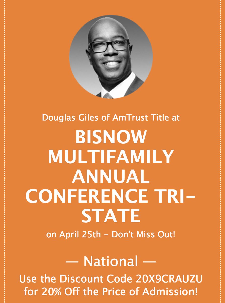 20% Off! Don’t Miss AmTrust’s own, Douglas Giles, at <a href="/Bisnow/">Bisnow</a> ‘s Multifamily Annual Conference. bit.ly/BisnowMultifam… #CRE