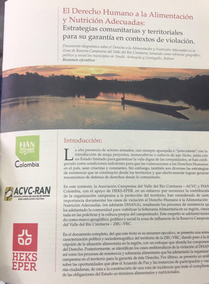 En este momento avanza la socialización del diagnóstico sobre el derecho a la alimentación y nutrición adecuada en la ZRC del VRC. Nuestra presidenta, Irene Ramirez,  participa junto a funcionarios públicos de la alcaldía de Yondo y Cantagallo, HEKS y organizaciones sociales.