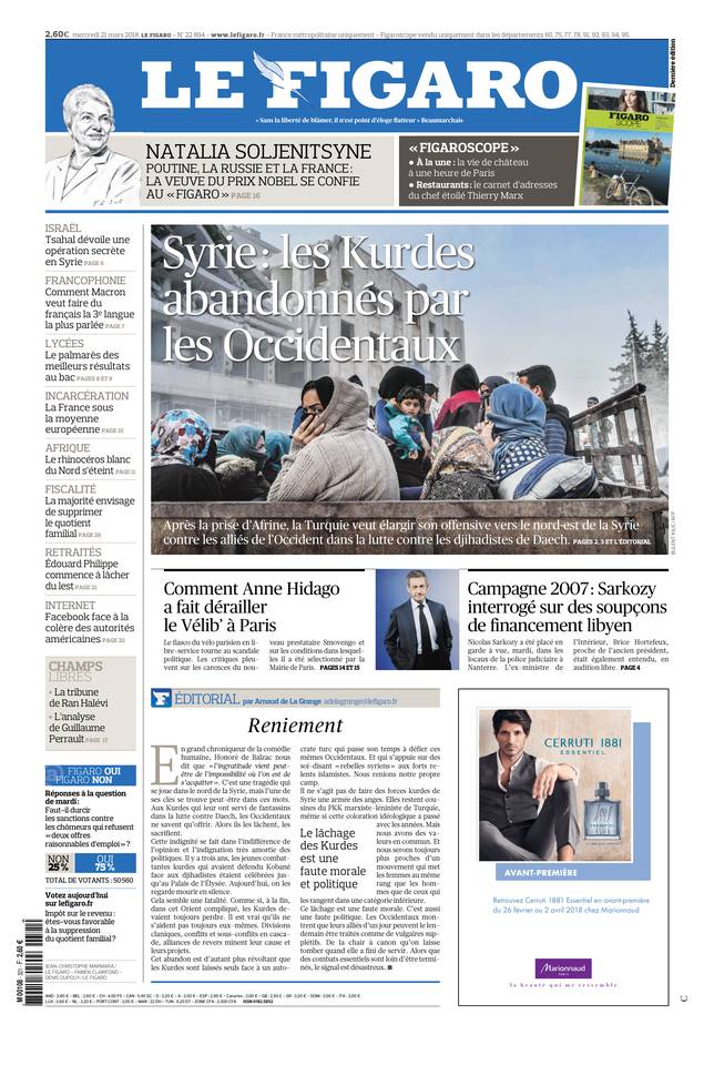 espoirafrin's tweet photo. En Une de @Le_Figaro "Syrie: les Kurdes abandonnés par les Occidentaux."
#Afrin #EspoirAfrin #saveAfrin #StopErdogan #AfrinIsMyLand
Editorial de @arnodelagrange https://t.co/uXzLHvTaic
interview de Kendal Nezan président de @institutkurde https://t.co/euMHQuVxKQ https://t.co/xH7j9p6cwO