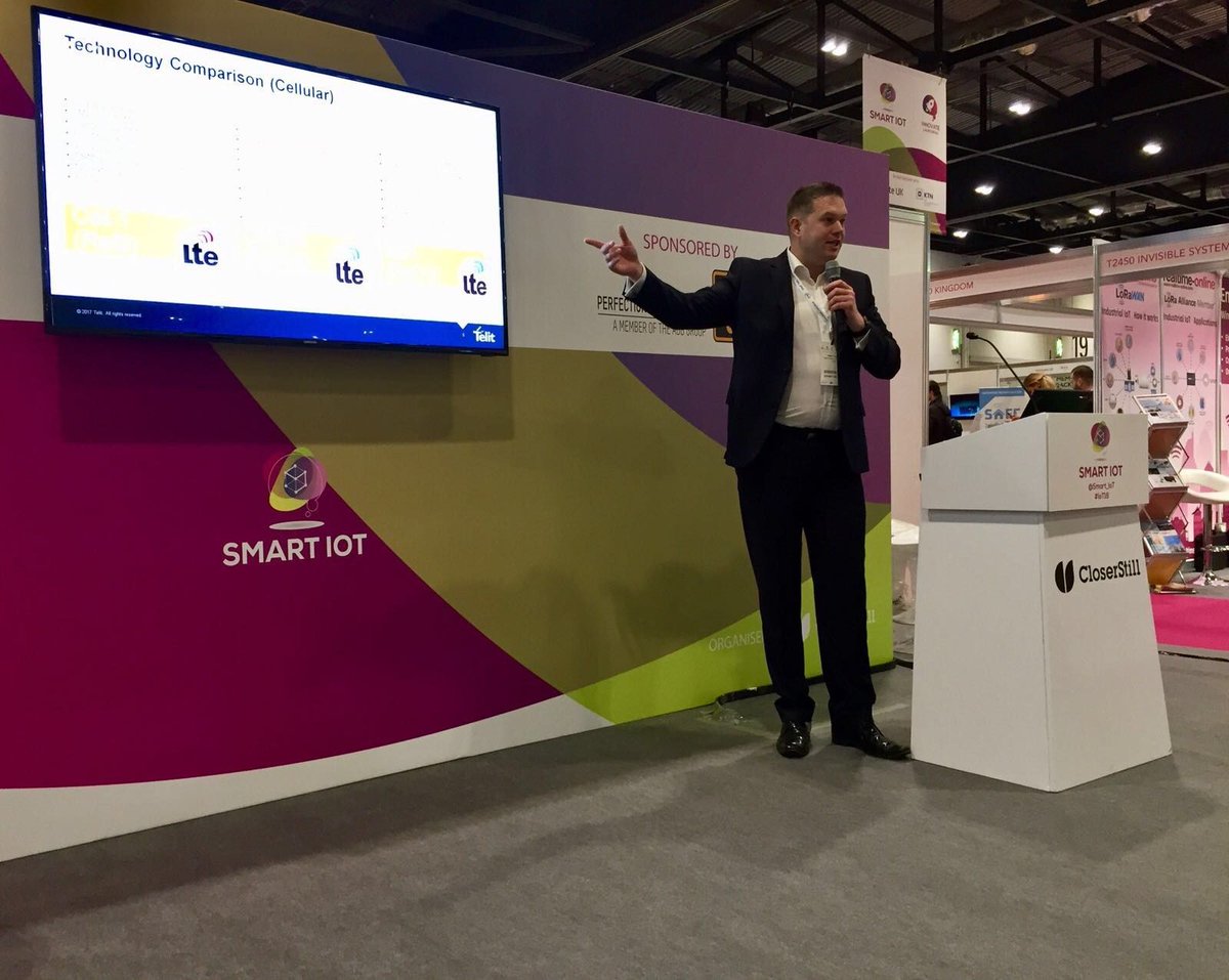 telitcinterion's tweet image. The second day of Smart IoT London has been fun and informative so far. Here is Telit’s @AdamRCousin presenting on de-mystifying the cellular technology landscape. #SmartIoT