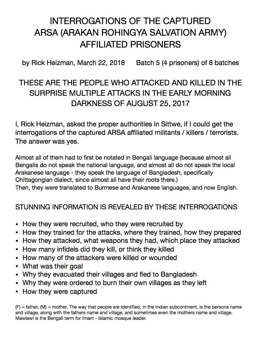 #23 CAPTURED ARSA MEMBERS AND AFFILIATES - these interrogations are loaded with information: What the MOSQUES were telling them, how they SYSTEMATICALLY prepared and carried out ATTACKS with a GENOCIDAL AGENDA <a href="/hrw/">Human Rights Watch</a> <a href="/FortifyRights/">Fortify Rights</a> <a href="/simonbillenness/">Simon Billenness</a> <a href="/nslwin/">Ro Nay San Lwin</a> <a href="/tunkhin80/">Tun Khin</a> <a href="/MarkFarmaner/">Mark Farmaner</a>