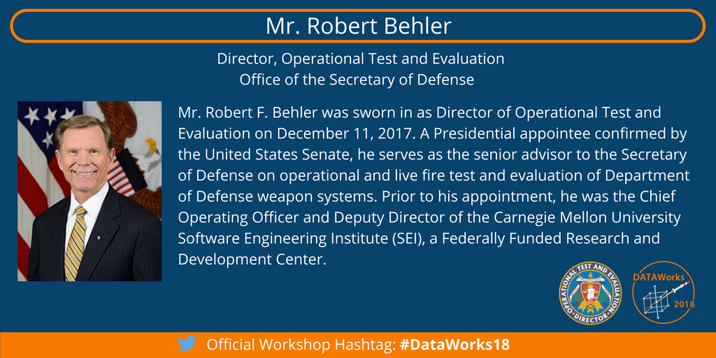 IDA_org's tweet photo. Mr. Robert Behler @DeptofDefense DOT&E will be providing the closing remarks for #DataWorks18 at 4:30 p.m. You don’t want to miss it! https://t.co/B2JRAkrBgH