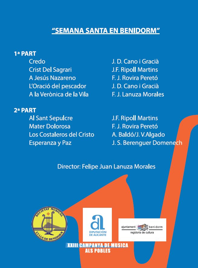 illadebenidorm's tweet photo. Programa y cartel del #concierto de este domingo. ¿Te lo vas a perder? #SemanaSantaenBenidorm #MarchasDeProcesion #Procesiones #Musica #cultura #Benidorm https://t.co/0CceS3mQ6W