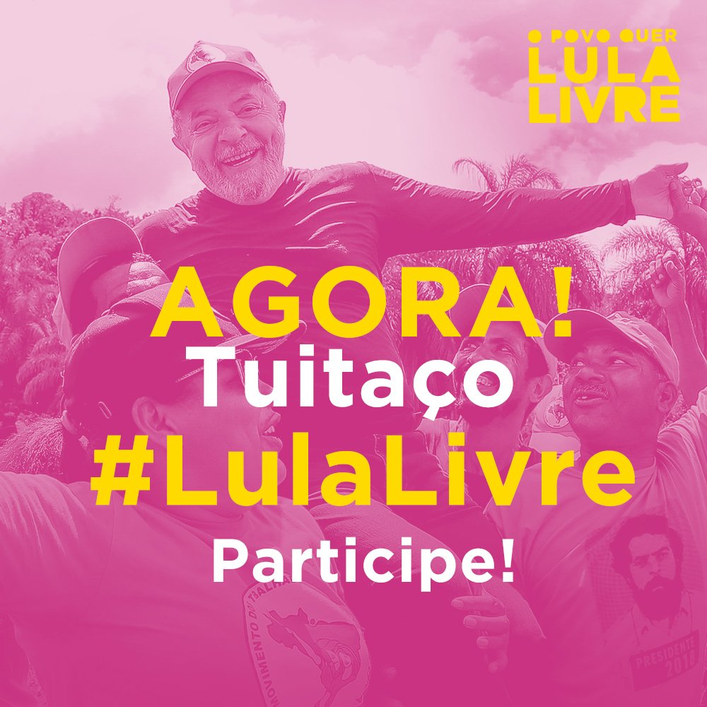 Começa, agora (9h), o tuitaço #LulaLivre!
Vamos mostrar nossa força para que o STF aceite o Habeas Corpus de Lula. 
Entre no seu twitter e poste suas opiniões com a hashtag #LulaLivre
Estamos juntos!