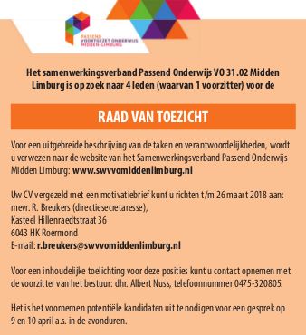 Het Samenwerkingsverband Passend Onderwijs Midden Limburg is op zoek naar vier leden voor de Raad van Toezicht. 

Wij maakten een opvallende advertentie en verzorgden de plaatsing in dagblad De Limburger.
#adverteren #krant #raadvantoezicht #limburg