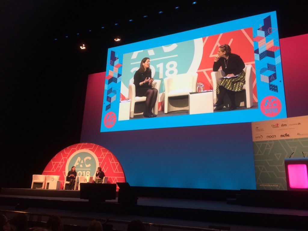 FEWeek's tweet image. Host @KirstyWark quizzes @suehusband on the reforms #FEWeekAAC18