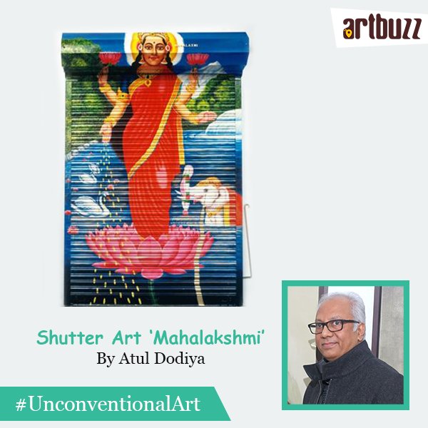ArtBuzzIndia's tweet photo. In his signature style, Atul Dodiya’s ‘Mahalaxmi’ is one of the shutter series originating from the concept of shop owners advertising on shutters. 
#UnconventionalArt #9DaysOfFeminism https://t.co/V2iVfHZWW3