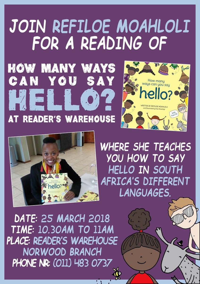 RefiloeMoahloli's tweet photo. Parents and guardians of young readers! It’s a bookish weekend coming up in Jozi with a reading of #Tullula at 11AM, David Krut Parkwood on Saturday and #HowManyHellos at 10:30AM, Readers Warehouse Norwood on Sunday! Bring your bookworms✨❤️ https://t.co/hi9cc9q2mU
